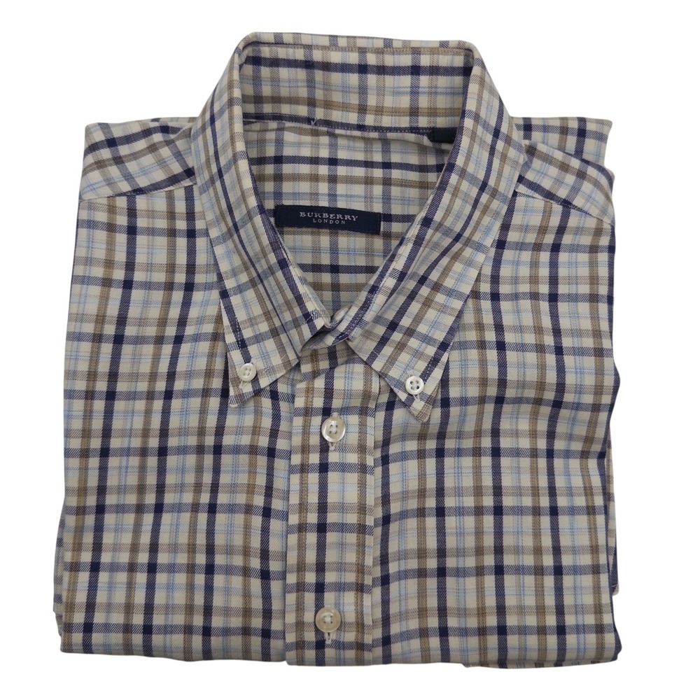 Burberry London Mens Large Plaid Button Down Shirt Blue Tan Check Made in USA